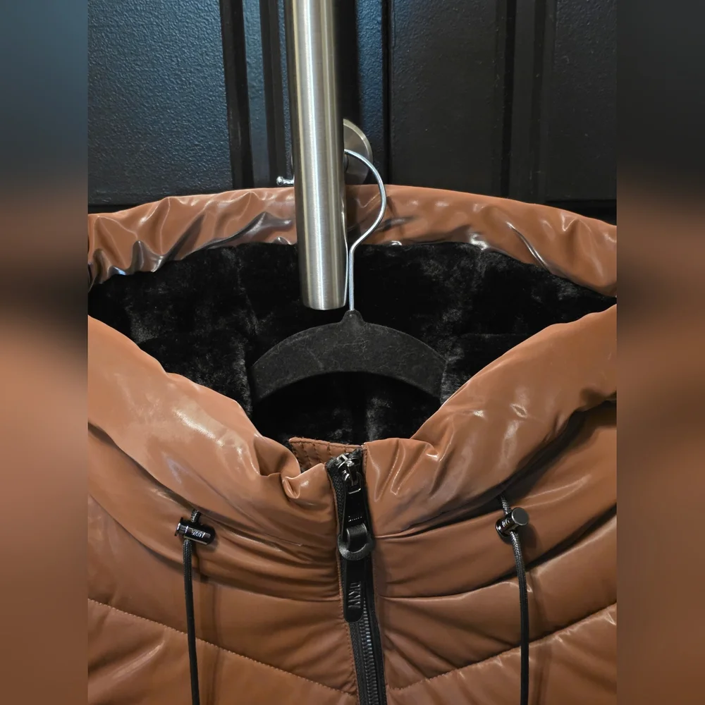 DKNY Quilted Puffer Snow Jacket in Brown Gloss with Faux Fur Hood - Picture 3 of 11